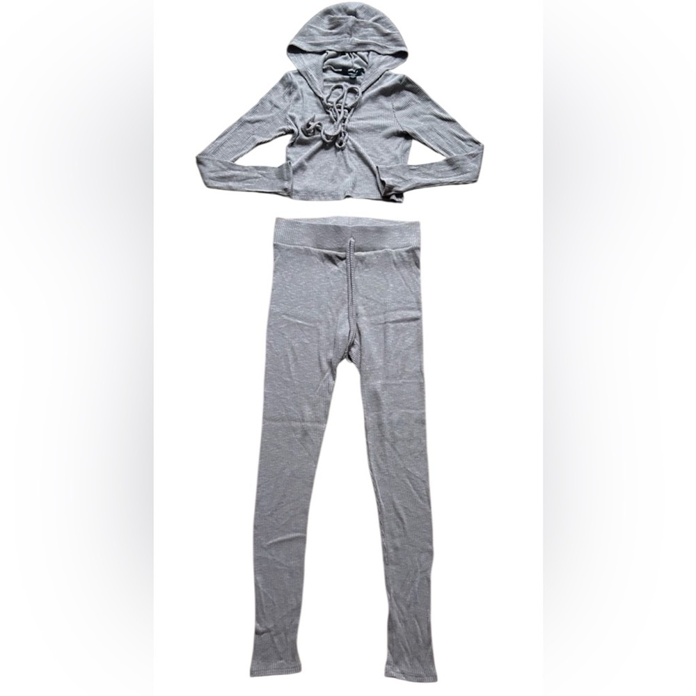 Lavender Rib Knit Streetwear Society Matching Set Cropped Hoodie and Leggings